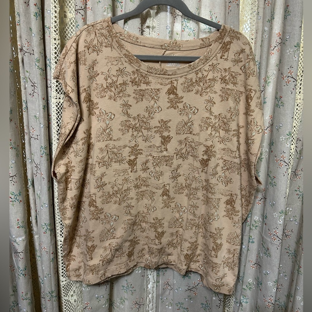 2/$28 Aerie Tan Floral Oversized Cap Sleeve Cotton Top Boho Size Large NWOT